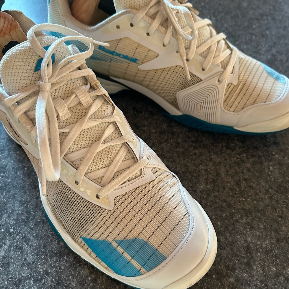 White and Blue Babolat Matry Tennis Shoes with Breathable Mesh